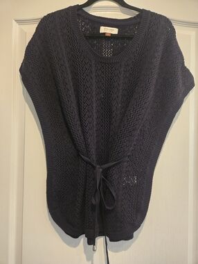 Sonoma Black Open-Knit Poncho Sweater with Waist Tie